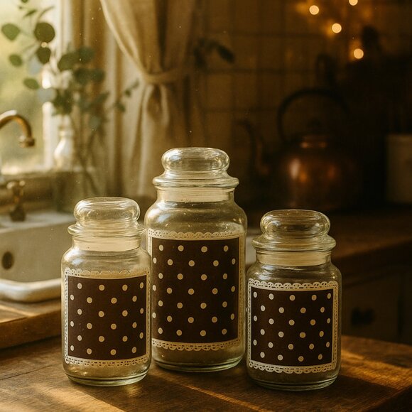 Vintage Anchor Hocking Glass Jars Containers Polka Dots & Lace Set of 3 - Picture 1 of 14